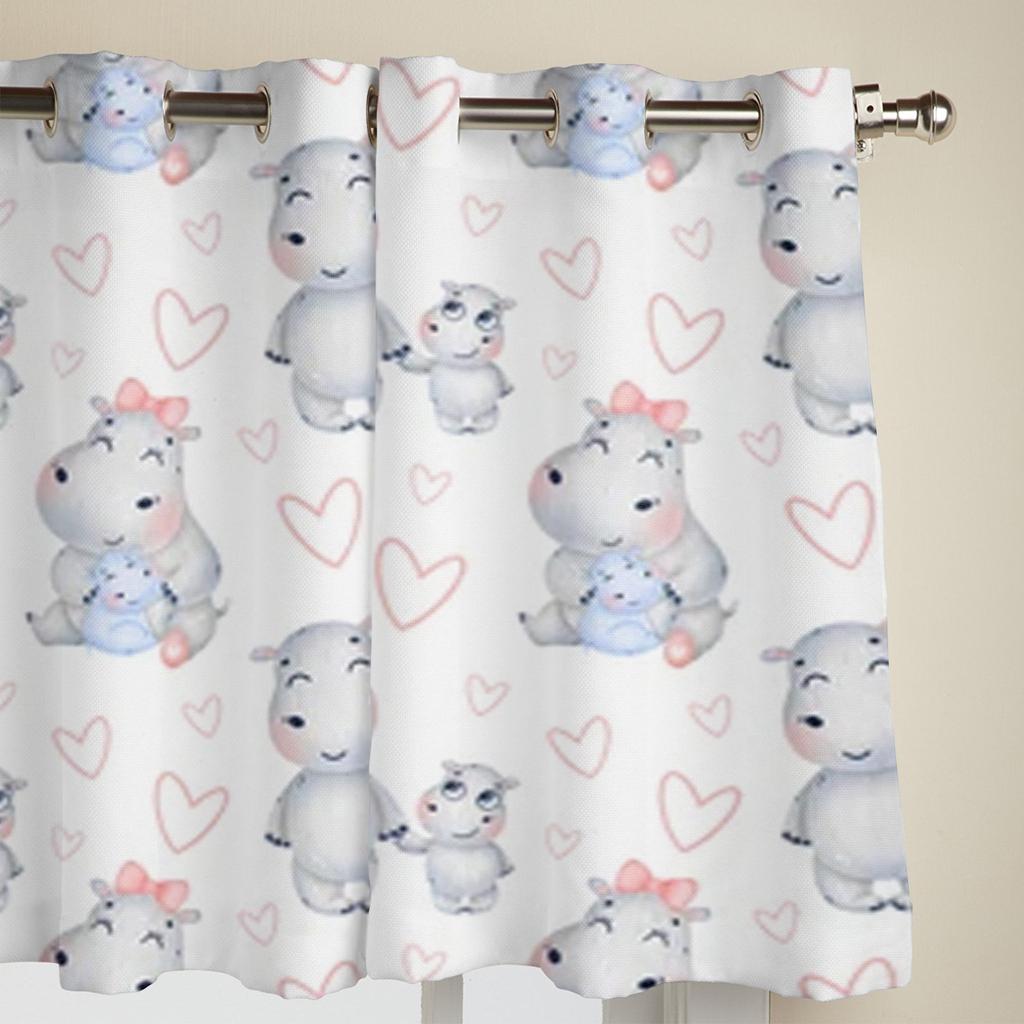 Cute Cartoon Hippos With Hearts Window Curtain For Kids Room Home Blinds Curtains For Living Room Bedroom Window Drapes