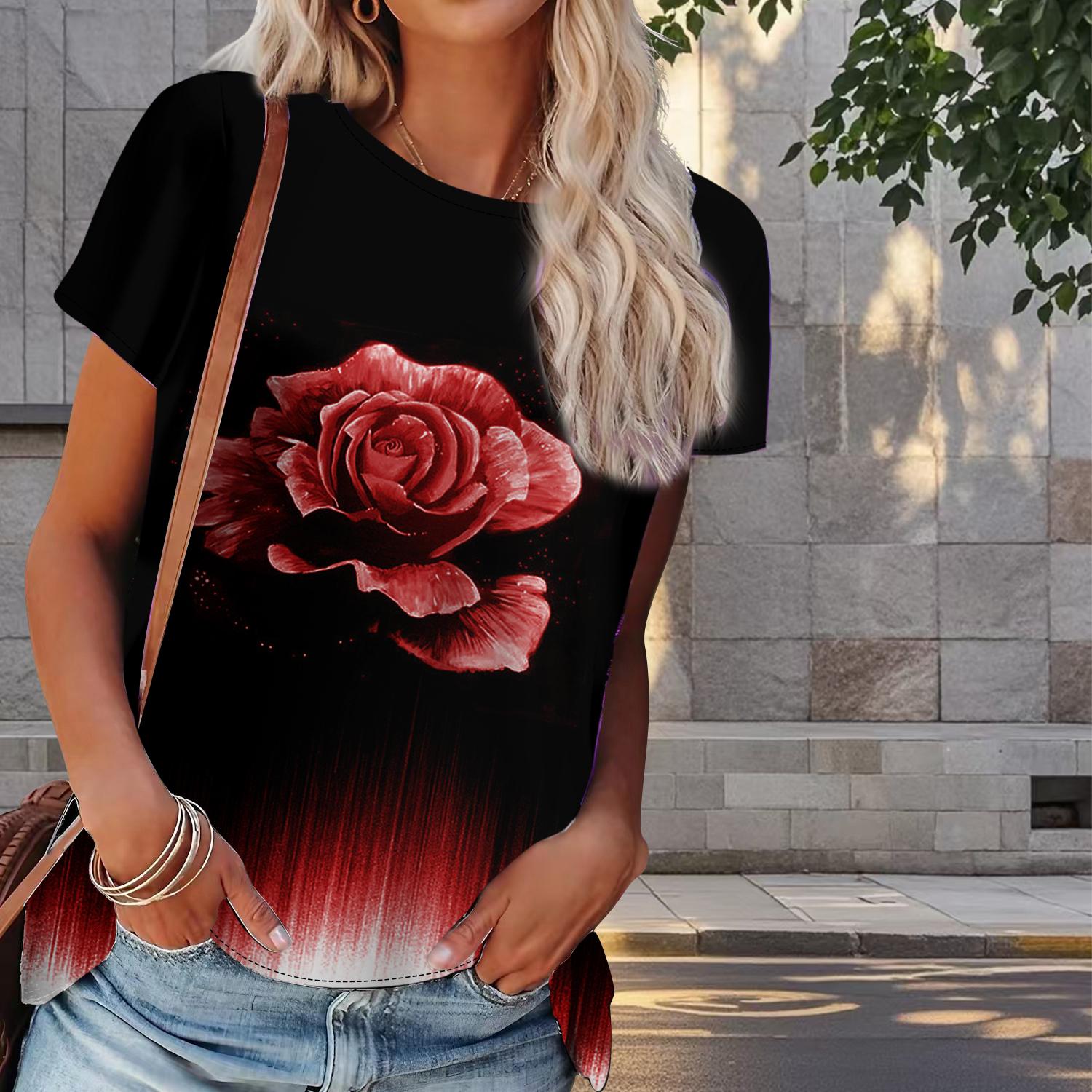 

Женская летняя футболка с цветочным принтом в стиле ретро, футболки с коротким рукавом, повседневные топы с принтом 8XL красный