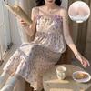 Women's 2026 Summer Cloud Cotton Camisole Nightgown with Built-in Bra, Princess Style Long Dress Lapel