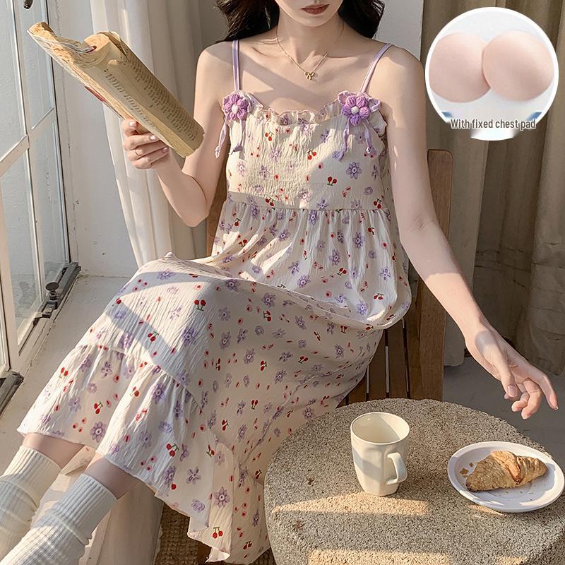 Women's 2026 Summer Cloud Cotton Camisole Nightgown with Built-in Bra, Princess Style Long Dress Lapel