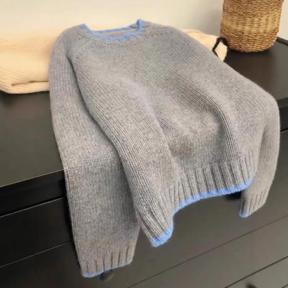 Women's European Style Color Block Heavyweight Wool Cardigan - Autumn/Winter, Loose Fit, Soft, Round Neck, Short Knit Sweater