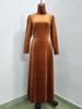 Elegant Gold Velvet High Collar Puff Sleeve Cinched Waist Long Dress for Autumn & Winter