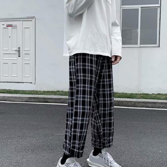 Men Pants Plaid Streetwear Wide Leg Elastic Waist Loose Sports Pants Trousers for Autumn