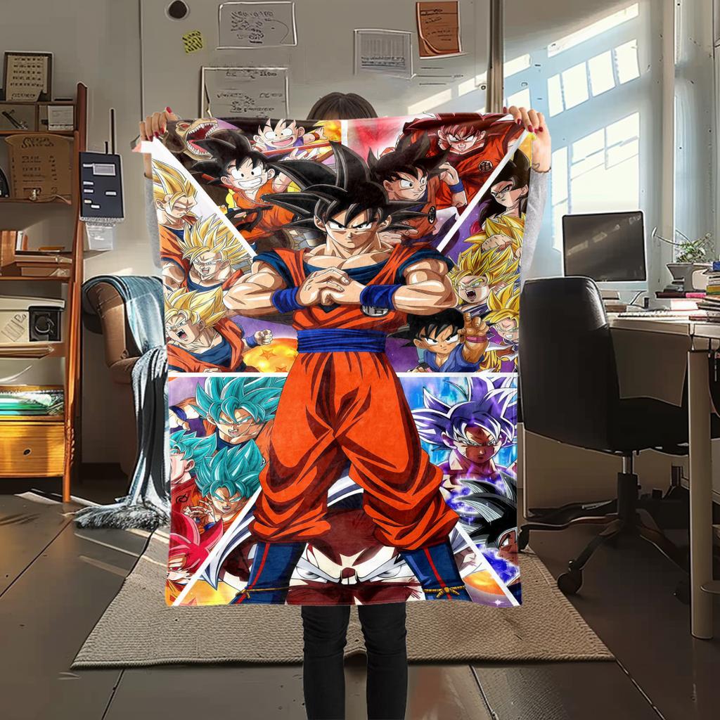 1 szt. Koc flanelowy z nadrukiem Son Goku, Wysokiej jakości, Na wszystkie pory roku, Wystrój domu, Ciepło i komfort, Idealny na prezenty świąteczne