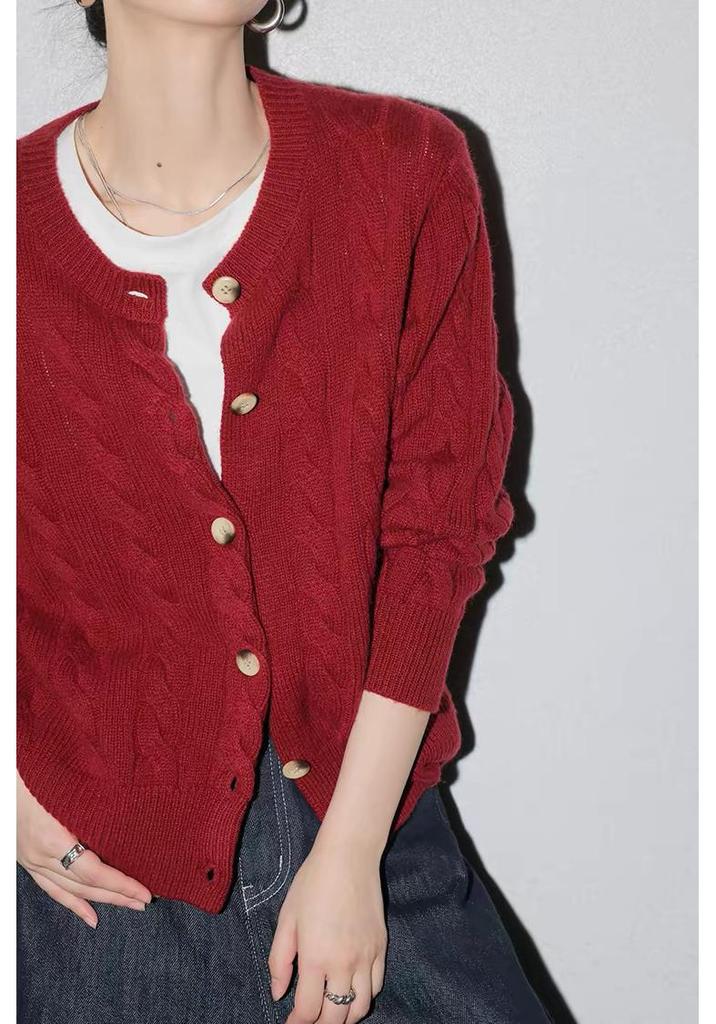 Autumn 2026 Women's Round Neck Cable Knit Cardigan - Long Sleeve, Single-Breasted Sweater.