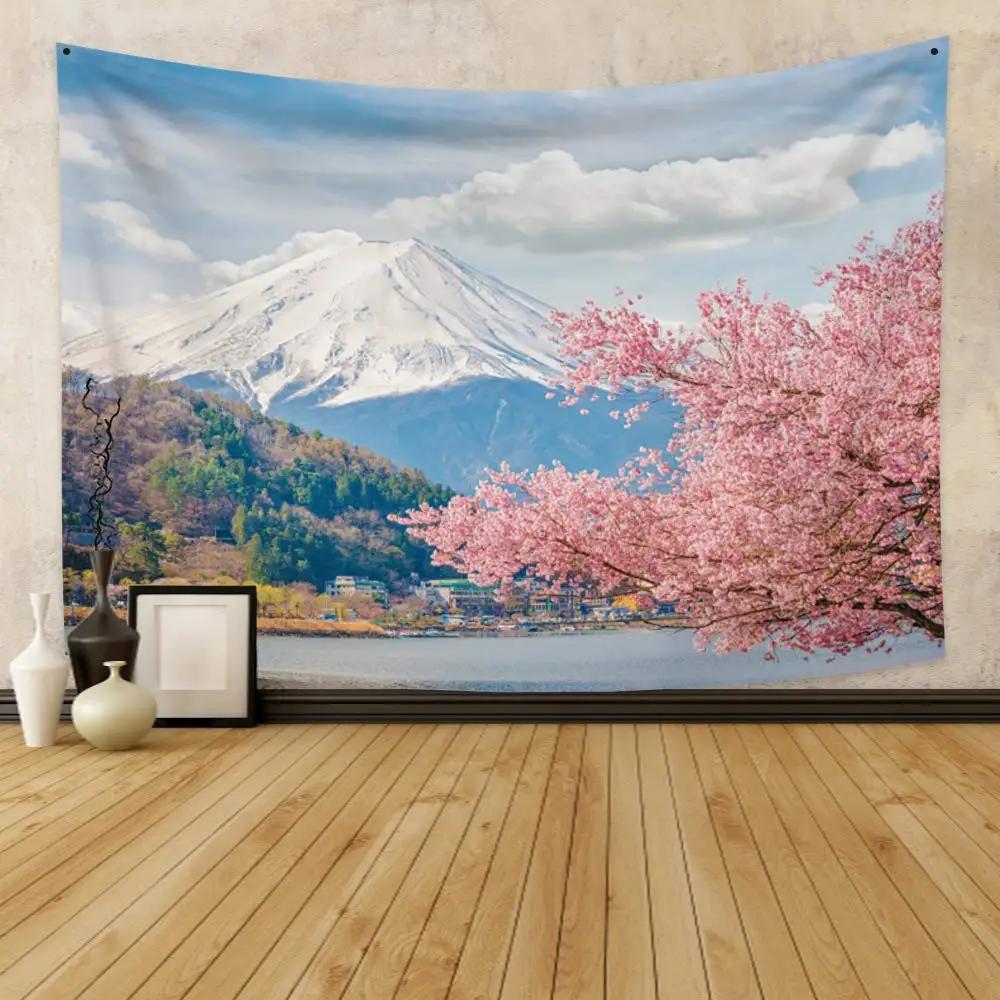 Sakura Tapestry Pink Japanese Cherry Blossoms Tapestries Spring Sunset Landscape Tapestry Wall Hanging for Bedroom Decoration
