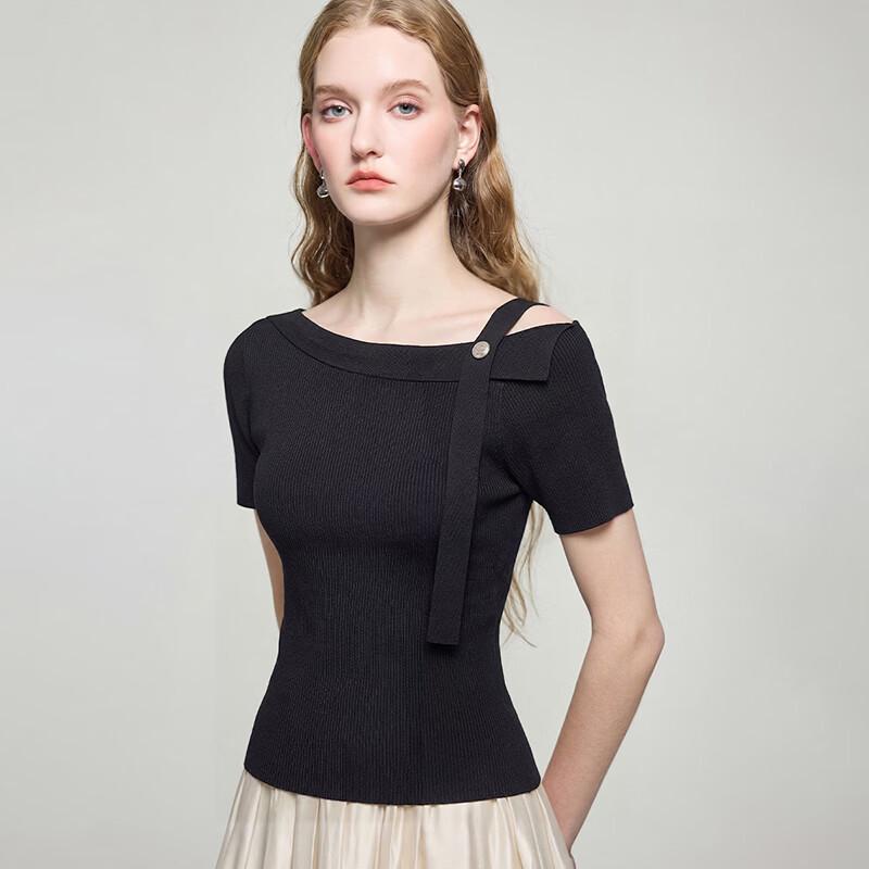 Women s Ribbon-Accent Striped Off-Shoulder Knit T-Shirt M чёрный
