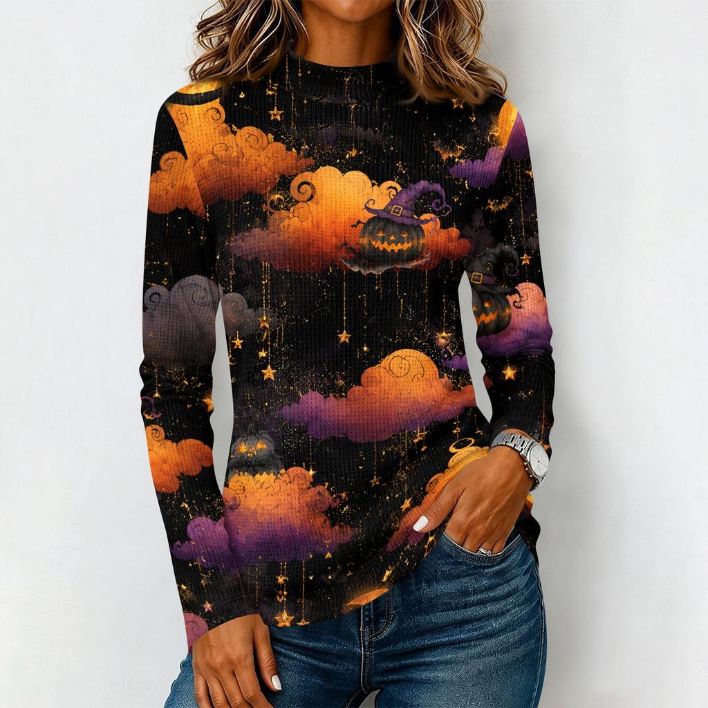Damen Halloween Langarm T-Shirt Strick Lässig Rundhals Pullover Top