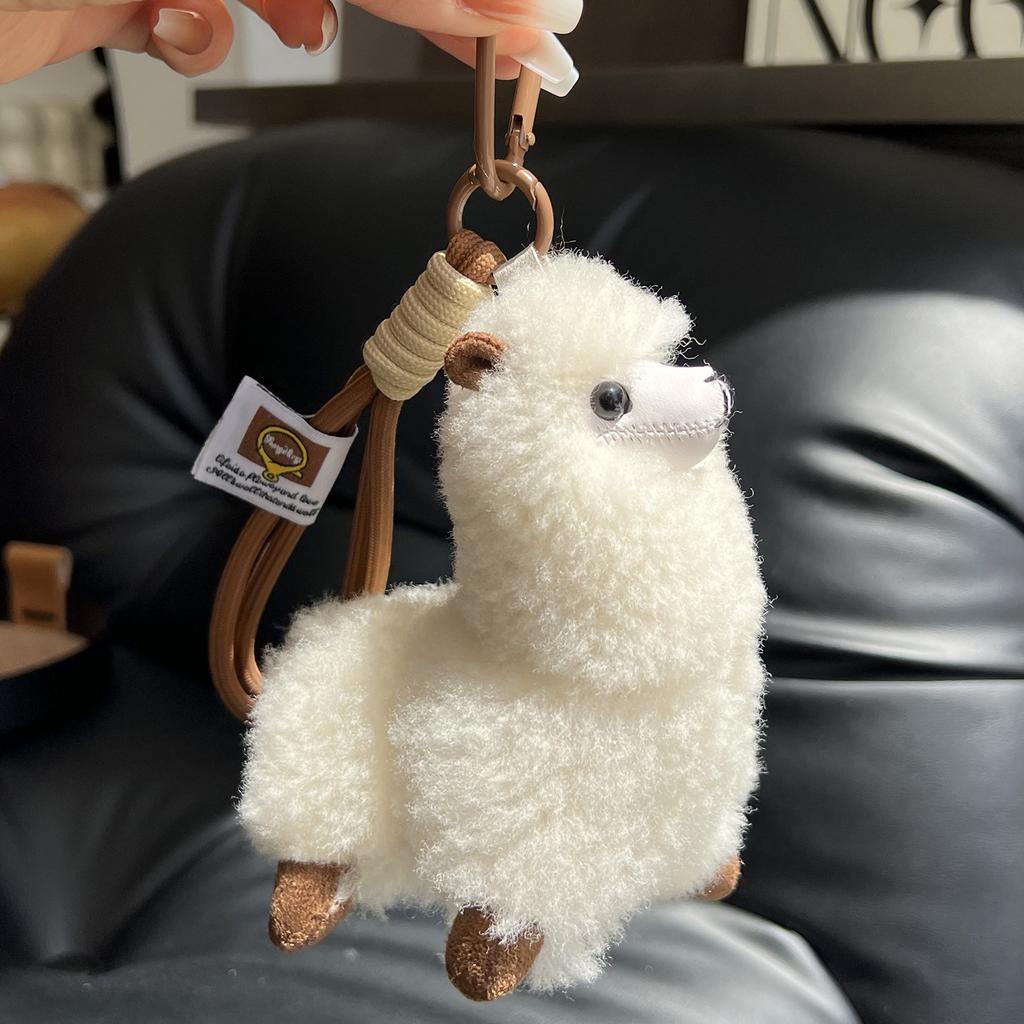 Furry Kawaii Keychain Llama Alpaca Keyring Plush Toy Stuffed Pendant Car Decoration Bag Charm Adorable Real Wool Fur Keychains