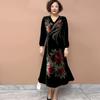 High-end Women's Velvet Plus-size Dress V-neck Loose Silk Printed Long Dress
