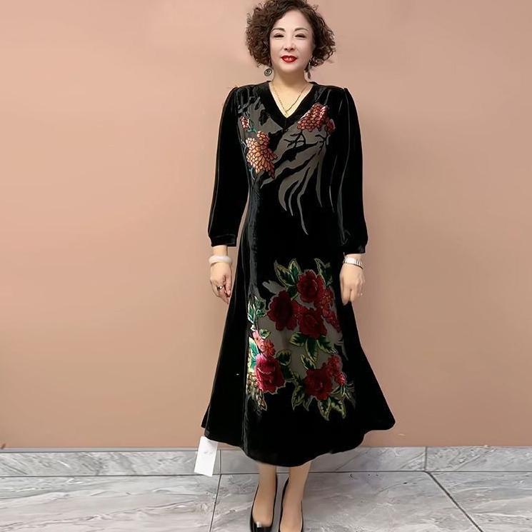 High-end Women's Velvet Plus-size Dress V-neck Loose Silk Printed Long Dress