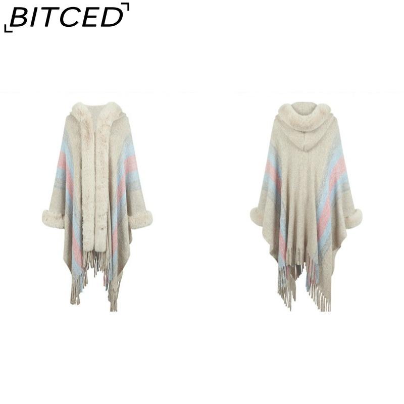 BITCED Hooded Cape Women's Fall/Winter Striped Knit Fringe Shawl