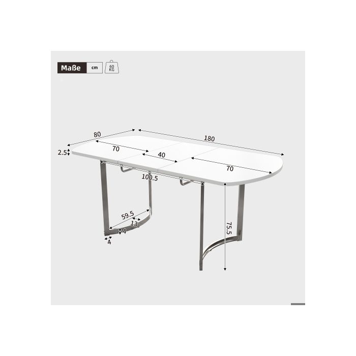Table de salle à manger à rallonge 140/180 x 80 cm, longueur extensible 180 cm, pieds en métal argenté, blanc + pieds argentés