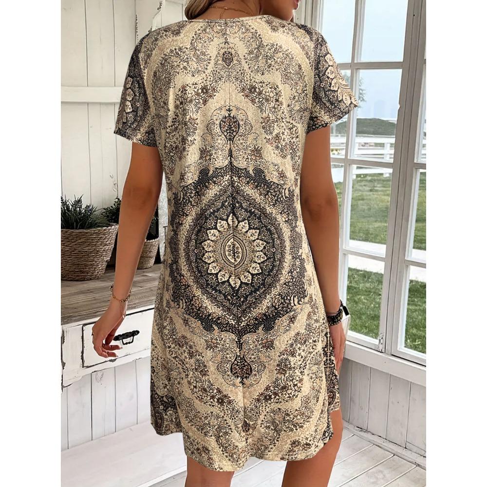 Women Bohemian V- Neck African Printed Ethnic Style Summer Bodycon Shift Dress
