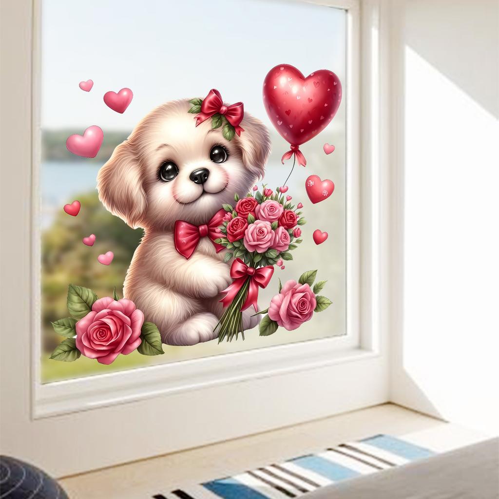 Dog Holding Flowers and Hearts Static Cling Window Stickers No Glue Needed for Bedroom Living Room Balcony Removable Reusable