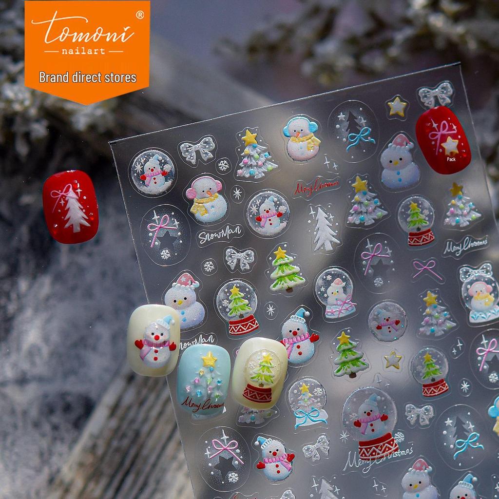 Tomoni Exquisite Ice Translucent Glitter Nail Stickers: Festive Christmas Tree & Snowman Design