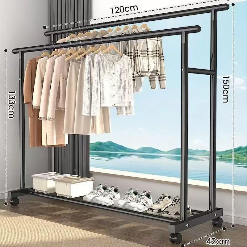 Sturdy Double Bar Wardrobe Rack for Dorms: Floor-Standing, Dual-Layer Clothes & Hat Hanger for Bedrooms and Balconies.