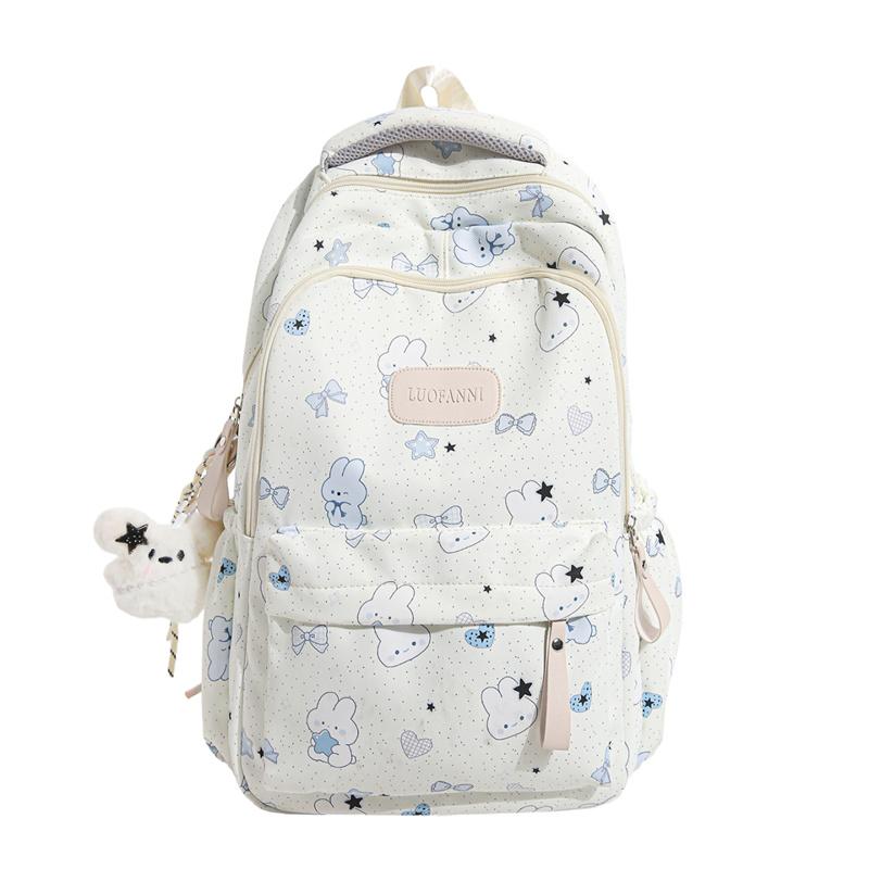 Cute Bear and Bow Print School Backpack with Multiple Front Pockets Casual Daypack for Girls