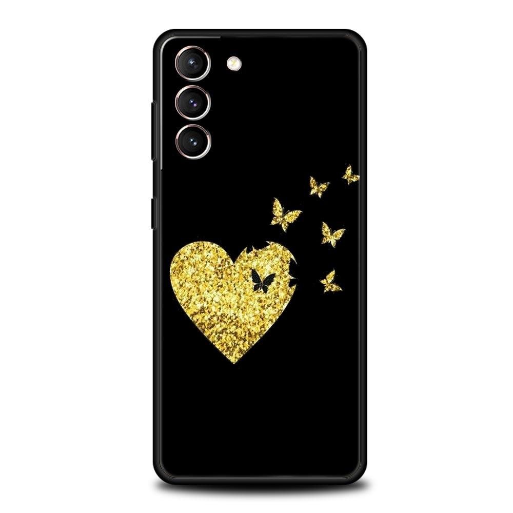 Gold Rose Love Heart Phone Case For Samsung Galaxy S24 S23 S22 Ultra S20 S21 FE 5G S10 S9 Plus S10E S8 S7 Edge Silicone Cover