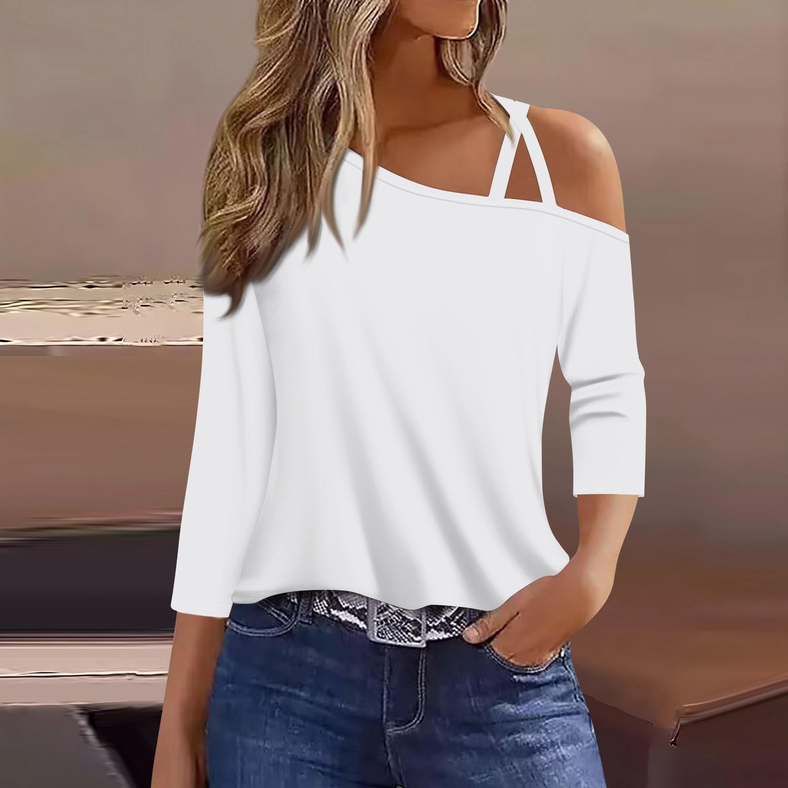 

Женская футболка Футболка с принтом Рукав 3/4 Повседневные Выходные Мода Классический с открытыми плечами Обычный Топ XL белый