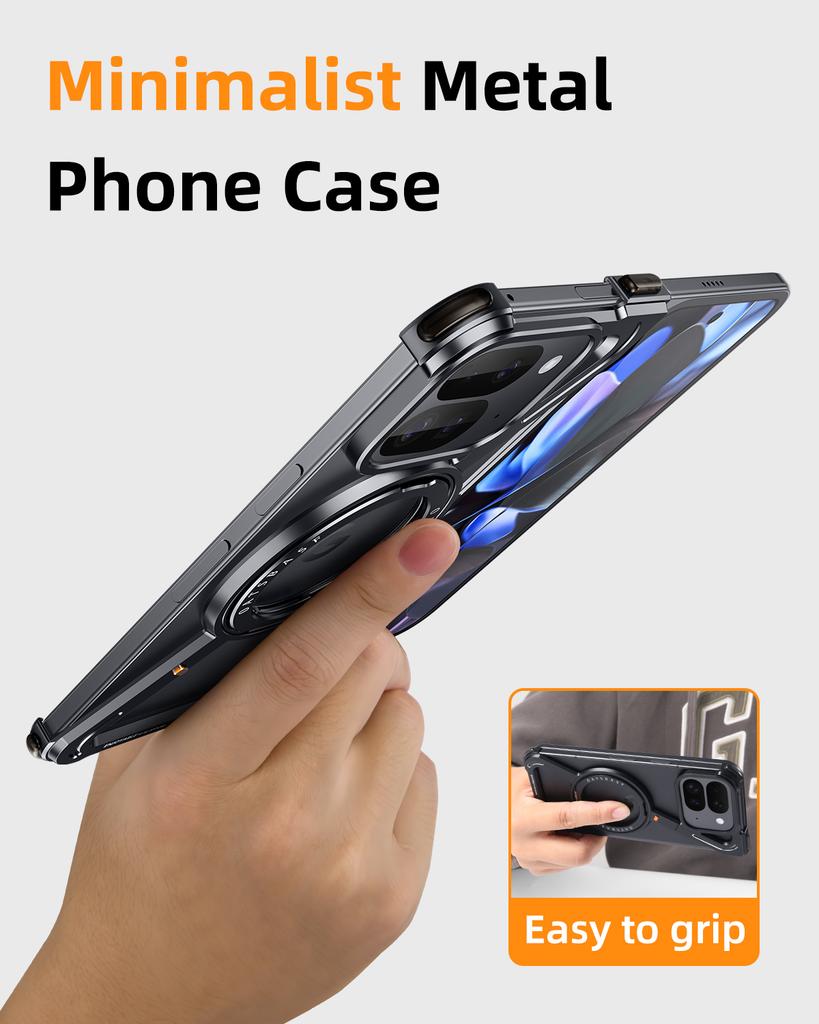 Eary Z Frame Case for Google Pixel 9 10 Pro Fold Minimalist Metal Phone Case With Magnetic 360°Rotatable Stand Shockproof Cover