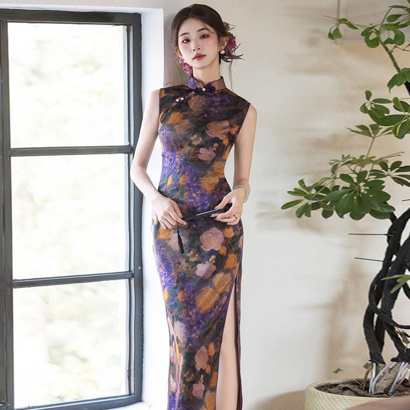 Purple Sleeveless Chinese-Style Long Cheongsam Dress 2026 Womens Elegant Retro Qipao Small
