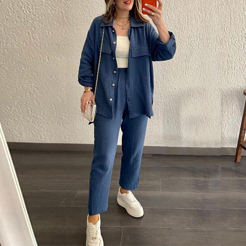 2024 Plus Size Women's Casual Crepe Loose Lapel Long Sleeve Shirt Set - European & American Style