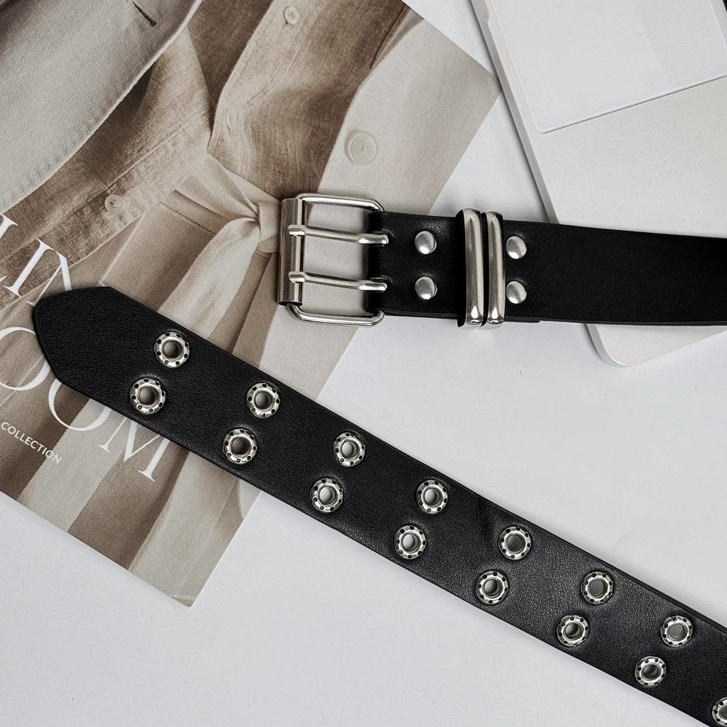 Y2K Punk Black Leather Belt for Women - Cutout Rivet, Double Row Buckle, Full Hole Design