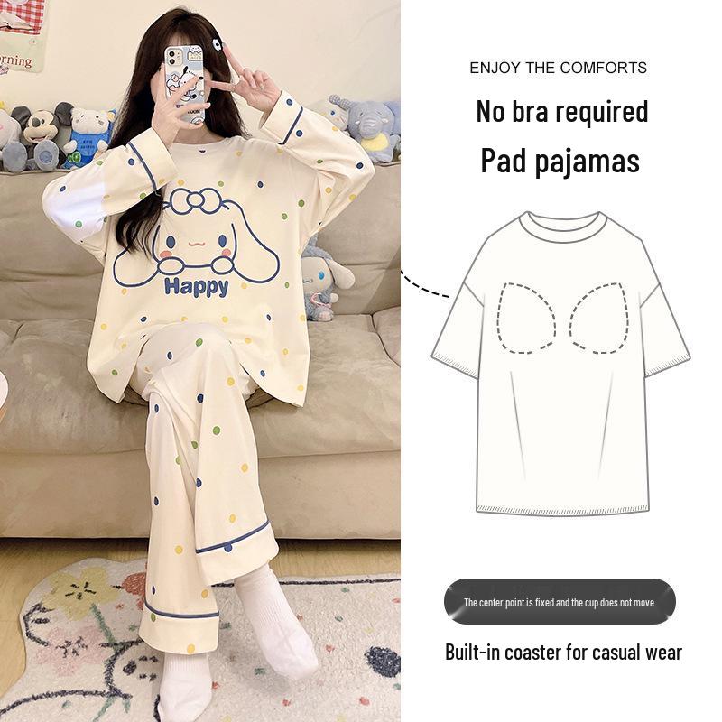 Women's Cartoon Long-Sleeve Pajama Set with Chest Pads – Loose, Casual, Round Neck, Suitable for Spring and Autumn, Indoor and Outdoor Wear