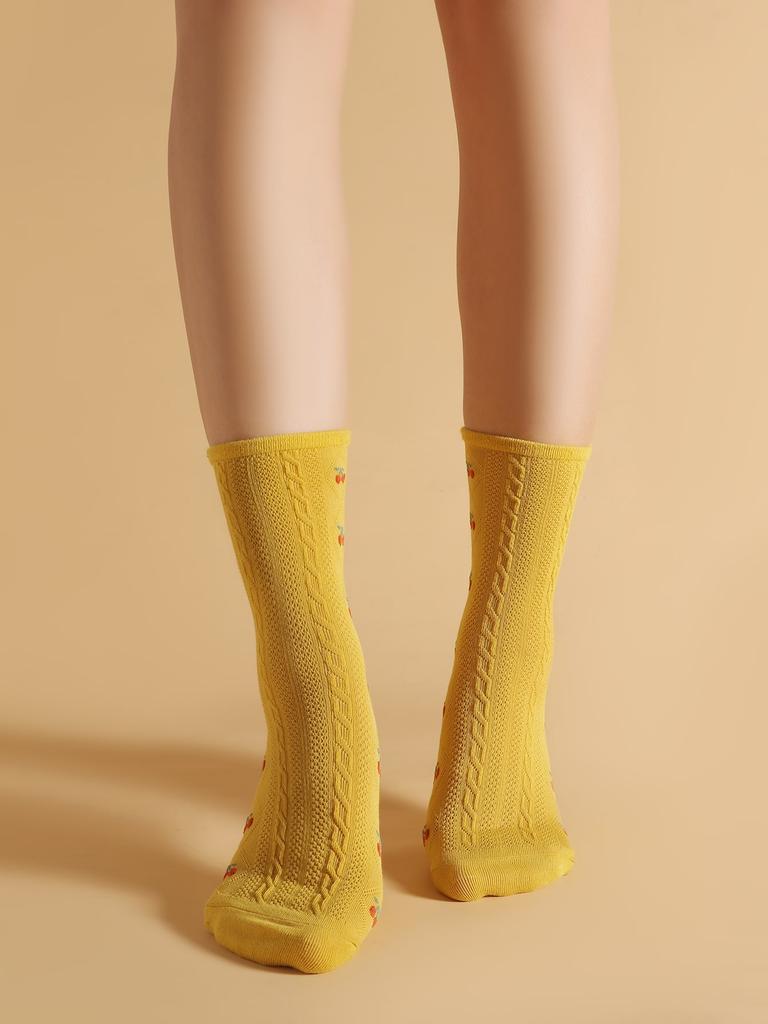 1 pack Cotton Socks Versatile Knitted Cute Girl Sweat Absorption Cherry pattern Mid-calf Casual Socks