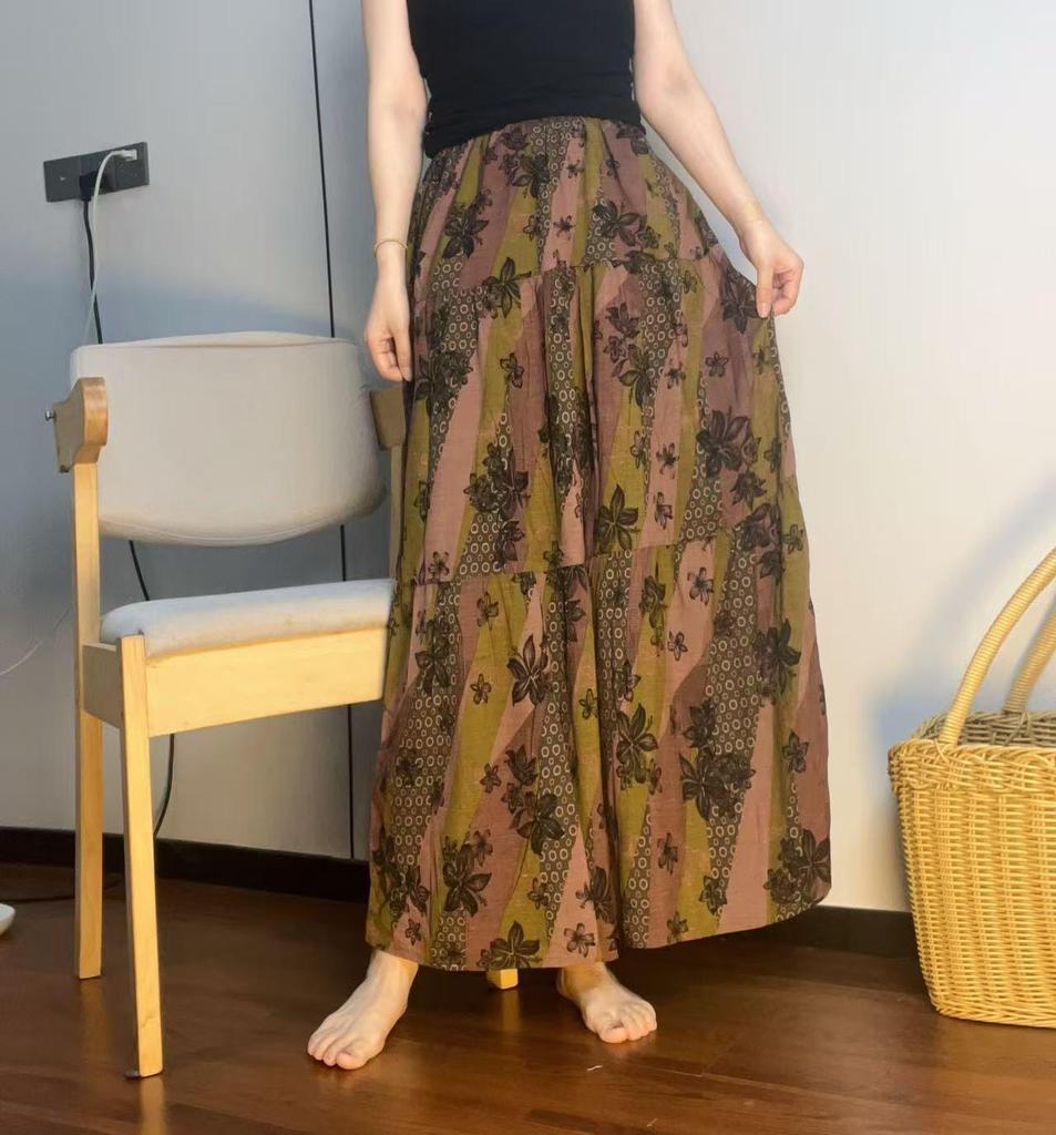 Women's Floral Print Cotton-Silk Elastic Waist Skirt - Southeast Asian Style for Spring and Summer