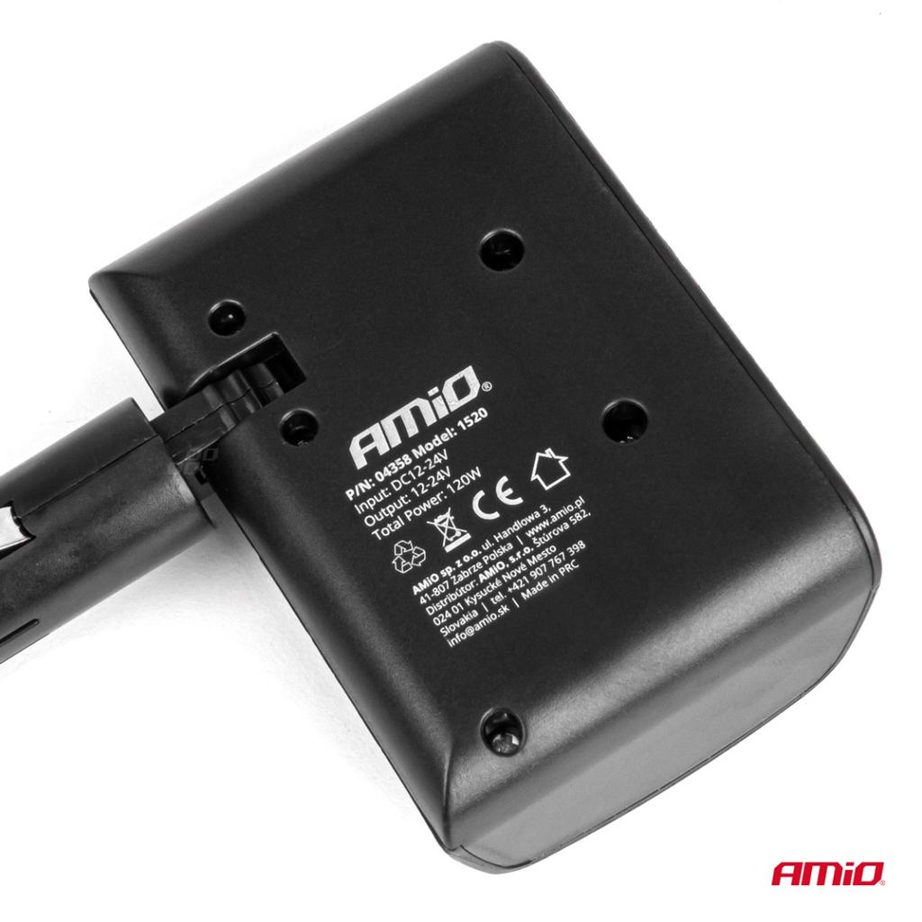 Cigarette lighter socket splitter 12V 24V 120W 90° AMIO-04358