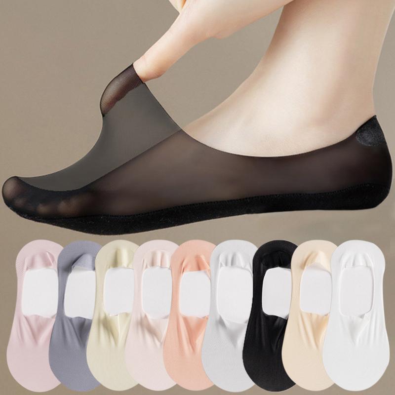 1Pairs Women Invisible Boat Socks Breathable Silicone Non-slip Ultra-thin Sock Slippers High Quality Elastic Ice Silk Low Sox
