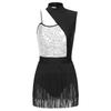 Womens Cutout Sleeveless Latin Dance Leotard Shiny Sequins Contrast Color Patchwork Fringed Bodysuit