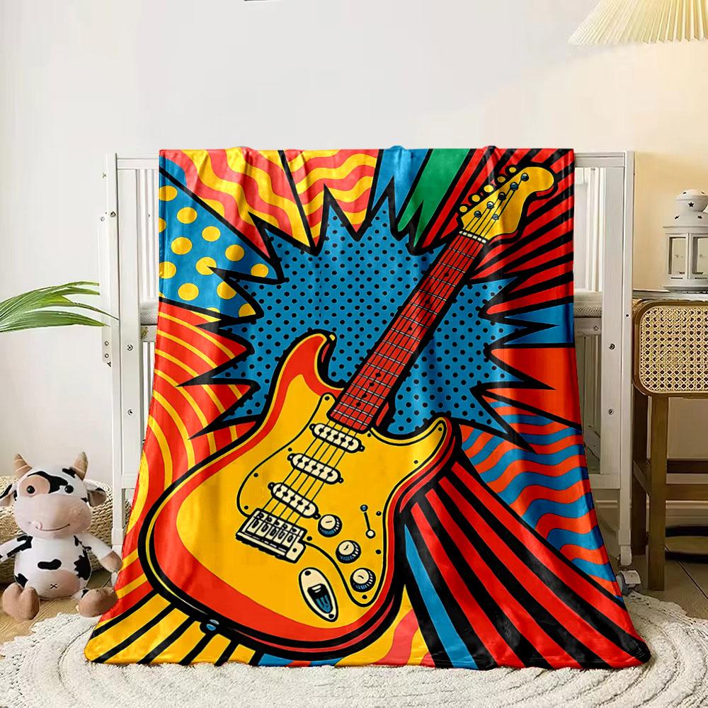 

Pop art guitar surrounded by bold patterns, polka dots, and vibrant waves. for all seasons blanket lunch break throw gift 80cm x 120cm