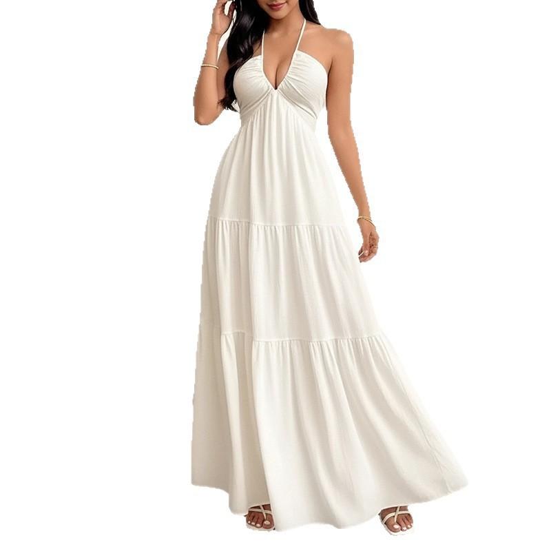 Elegant Solid Color Halter Backless A-Line Midi Dress Women 2026 Stylish Office Casual Wear
