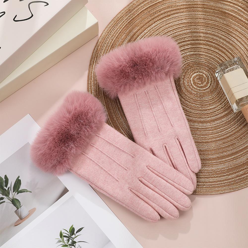 Winter Damen Fleece-gefütterte Kaninchenfell Plüschhandschuhe - Winddicht, Warm, Touchscreen-kompatibel für Radfahren & Autofahren