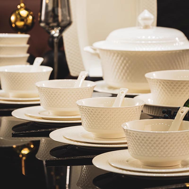 Pure White Bone China Irregular Embossed Floral Anti-scalding Tableware Set
