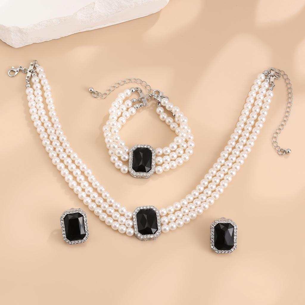 Salircon Fashion Elegant Blue Zircon Imitation Pearl Necklace Bracelets Earings Set for Women Temperament Wedding Bride Jewelry