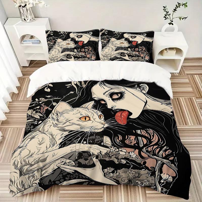 3pcs Whispering Whiskers Woman and Her Cat Printed Bedding Set, Soft and Comfortable Quilt Cover for Bedroom, Guest Room (1 Duvet Cover + 2