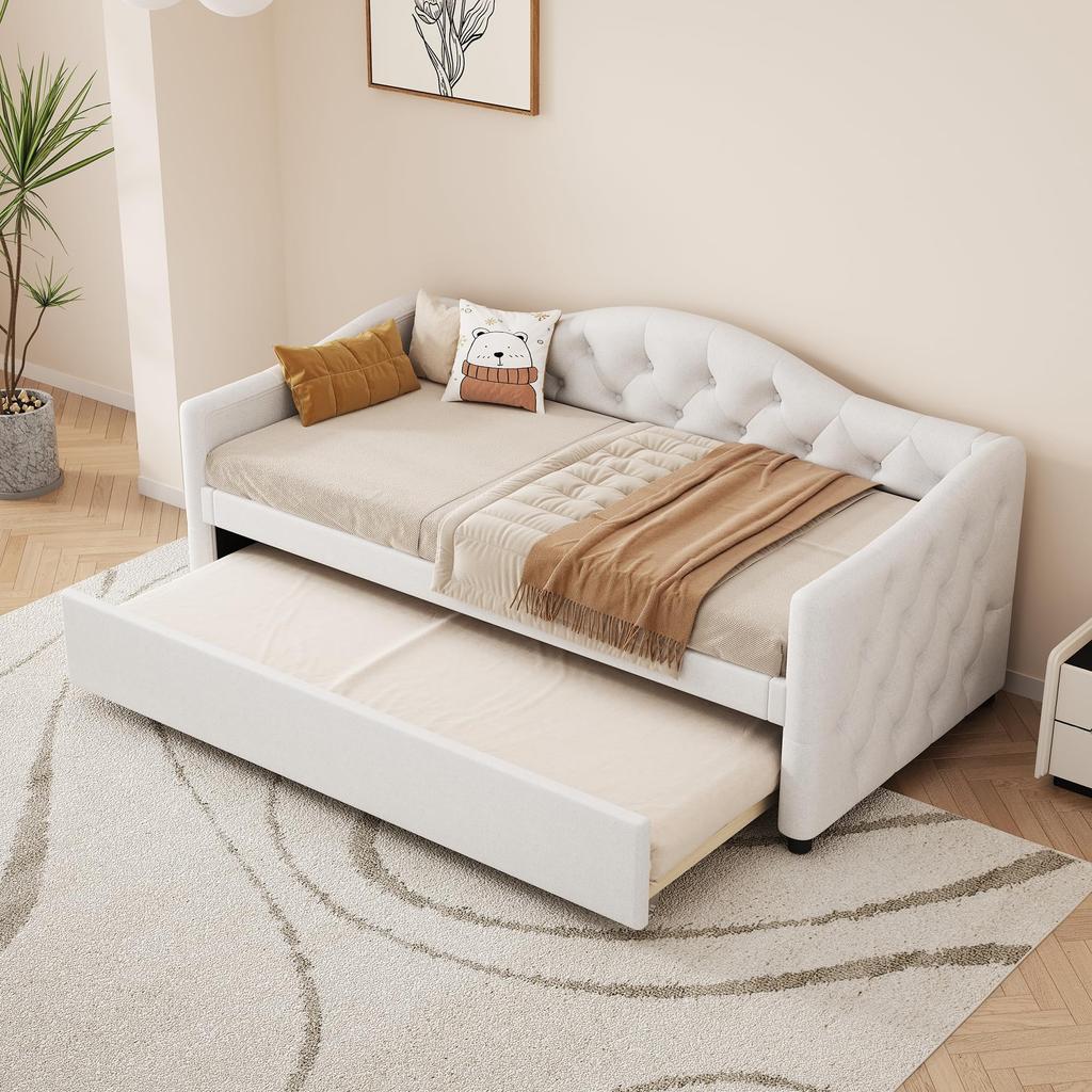 Schlafsofa Polsterbett 90x200 cm, Ausziehbares Bettsofa, LED-Licht, Samt, minimalistisches Styling, Gästebett, Beige
