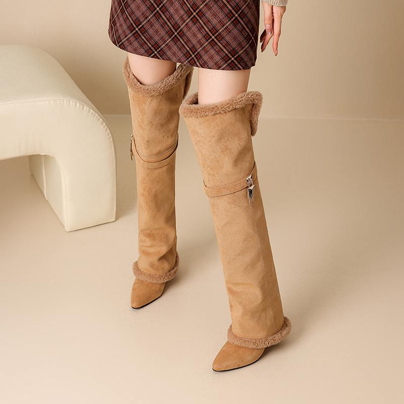 Krazing Pot Flock Pointed Toe Thin High Heels Size 46 Size 45 Winter Slip on Plus Size Women Keep Warm Over-the-knee Boots
