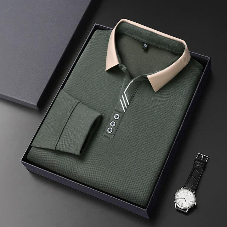 

Men s Autumn Long-sleeved Polo Shirt Men s Business Scissors Collar Fit Solid Color Lapel Bottoming 4XL зелений