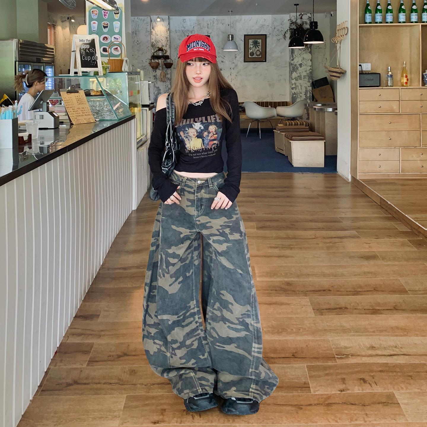 Women s High Waist Camouflage Wide-Leg Jeans - Autumn/Winter Fashion Large
