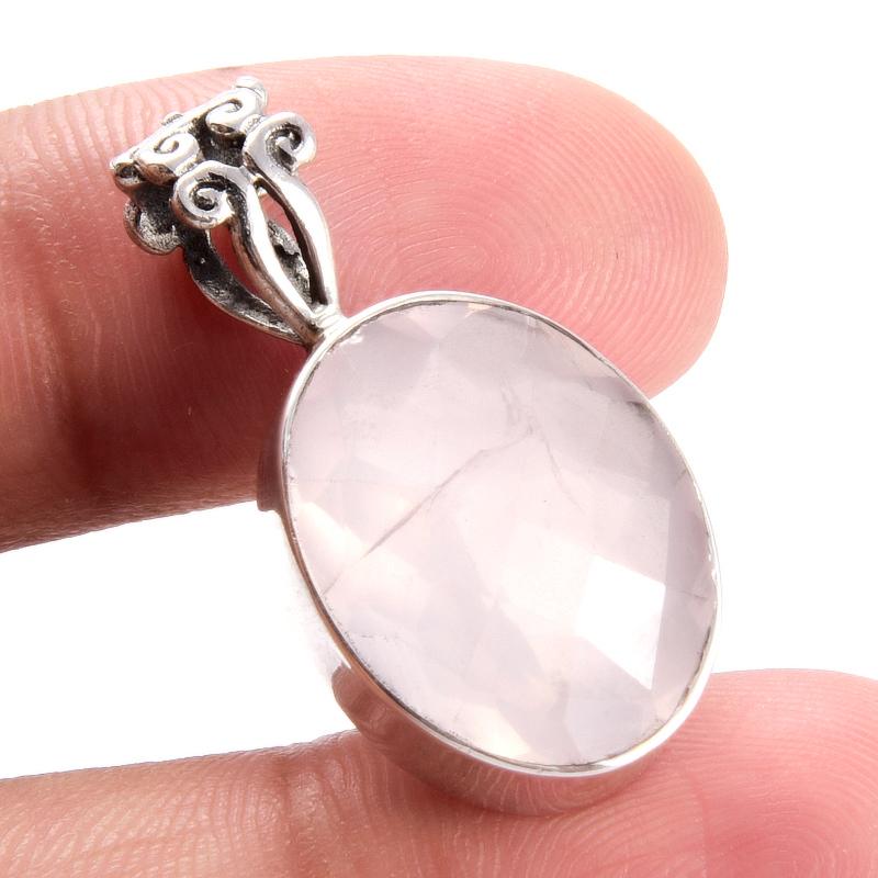 Natural Rose Quartz Gemstone 925 Solid Sterling Silver Jewelry Pendant 1.1" Y3t93