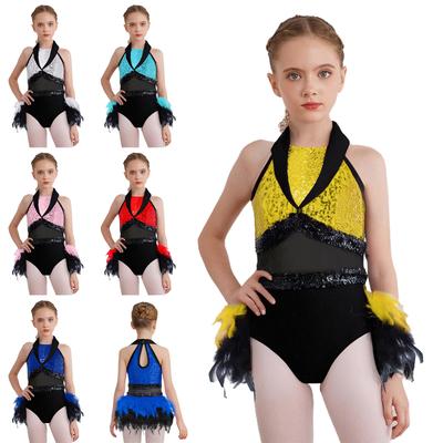 Kids Stage Performance Costume Turn-Down Collar Sleeveless Sheer Mesh Keyhole Back Sequins Leotard