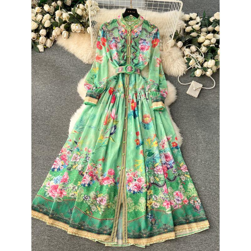 European Style Elegant Stand-up Collar Slim Fit Long Chiffon Dress