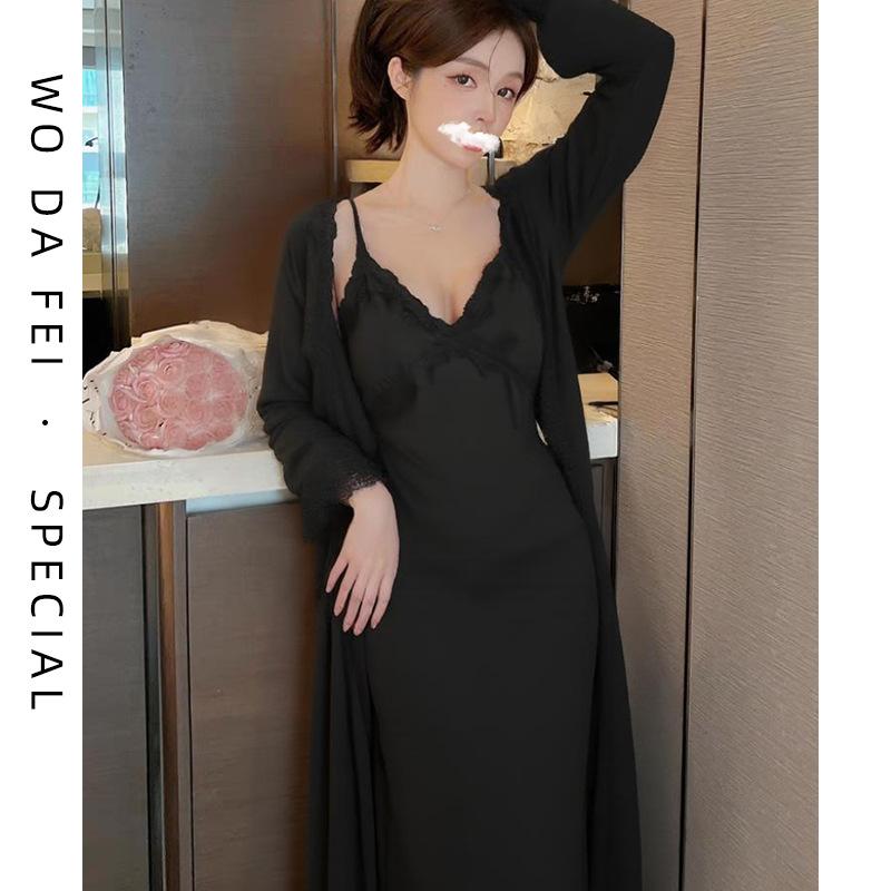 [Strict Selection] Deep V-neck sexy ice silk pajamas summer pure desire temperament morning robe with chest pad lace hanging skirt