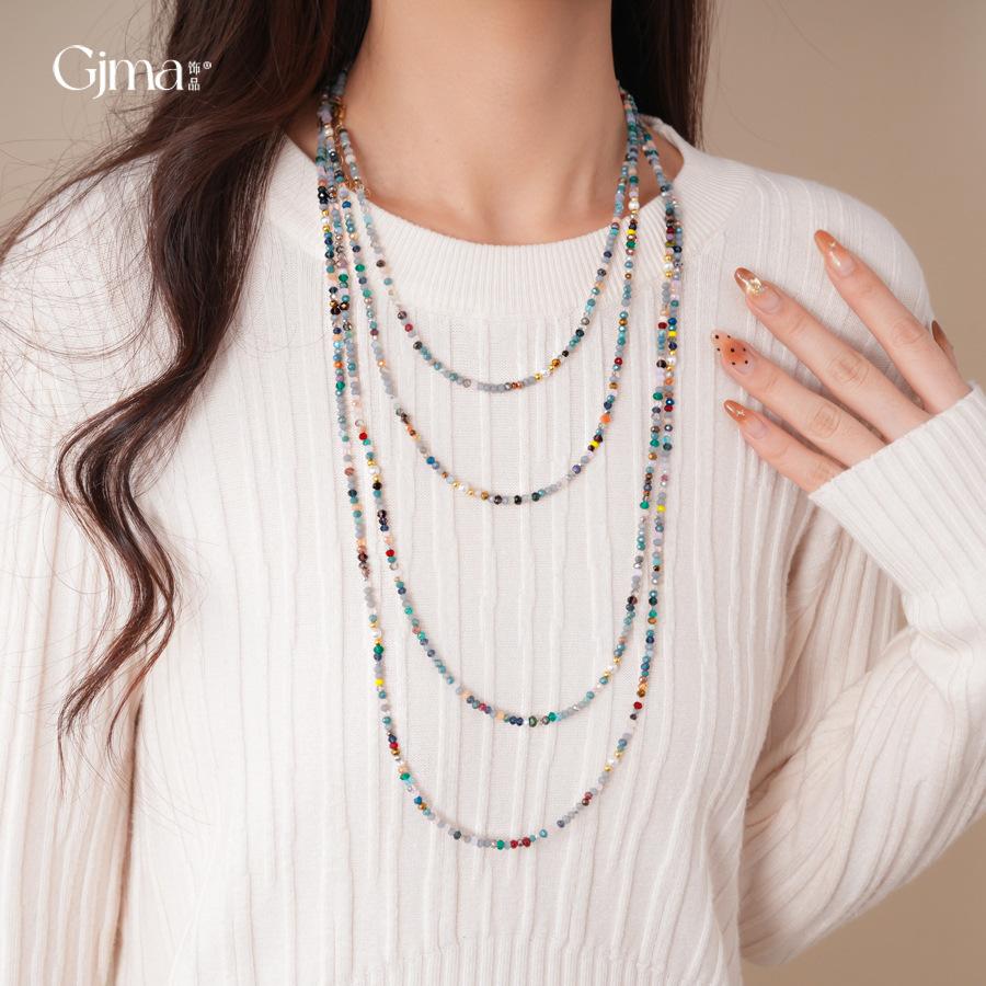 European and American retro multi-layer stacked glass beaded necklace accessories women's sweater chain light luxury necklace accessories women