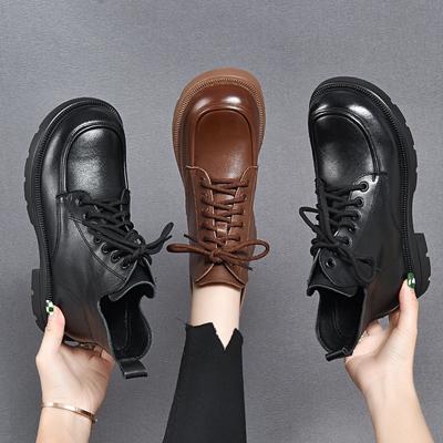Flat Bottom Martin Boots Autumn and Winter New Round Head Thick Heel Short Boots First Layer Cowhide Lace-up Women's Boots Leather Boots